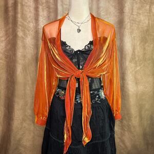 Y2K Iridescent Sheer Top Open Front Tie Orange Metallic Boho Disco Festival Rave